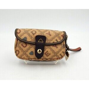 Dooney Bourke Wristlet Crossword Antiqued Tan Y2K Mini Heart FOB Logo Signature